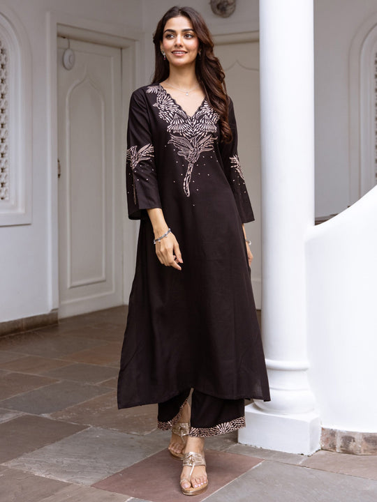 Indo Era Black Embroidered A-Line Kurta Trousers  Set