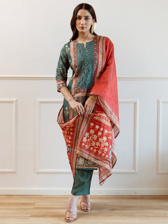 Indo Era Green Printed Straight Kurta Trousers With Dupatta Set