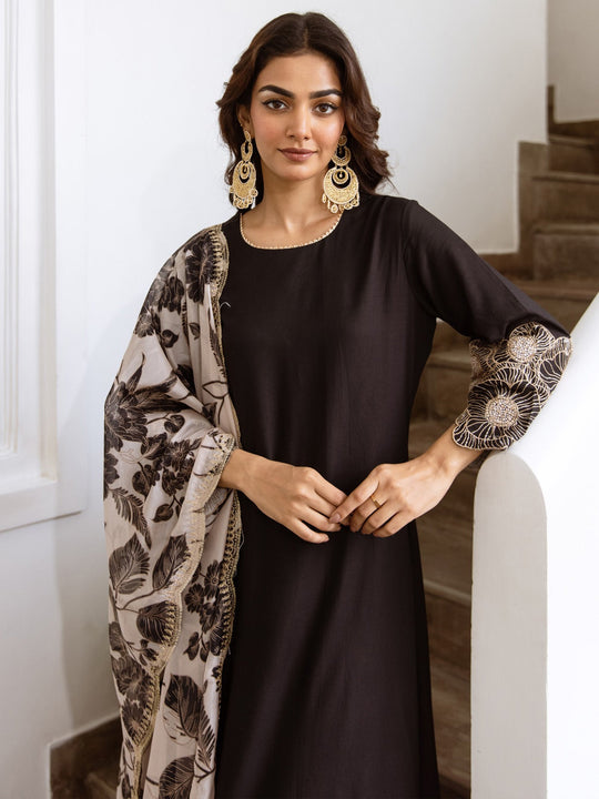 Indo Era Black Solid Straight Kurta Trousers With Dupatta Set