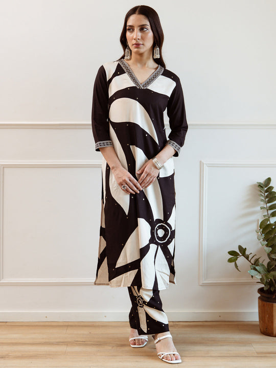 Indo Era Black Printed Straight Kurta Trousers set