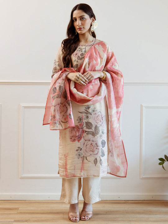 Indo Era Off White Printed Straight Kurta Trousers With Dupatta Set