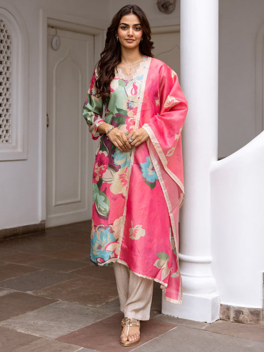 Indo Era Pink Printed Straight Kurta Trousers With Dupatta Set
