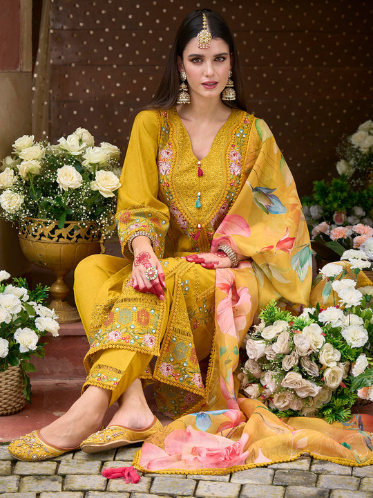 Indo Era Yellow Embroidered Straight Kurta Trousers With Dupatta Set
