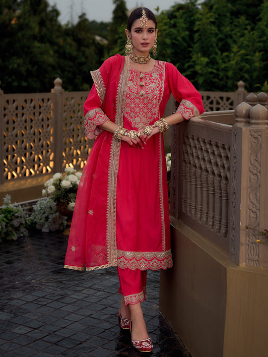 Indo Era Pink Embroidered A-Line Kurta Trousers With Dupatta set