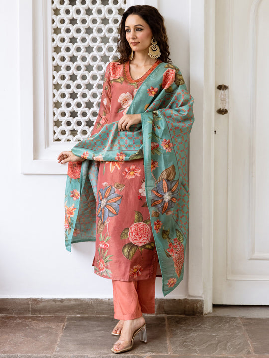 Indo Era Orange Printed Straight Kurta Trousers With Dupatta Set