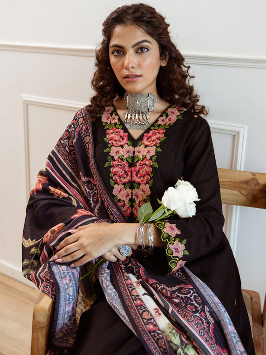 Indo Era Black Embroidered Straight Kurta Trousers With Dupatta Set