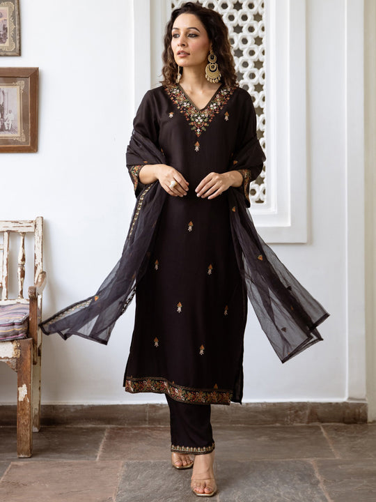 Indo Era Black Embroidered Straight Kurta Trousers With Dupatta Set