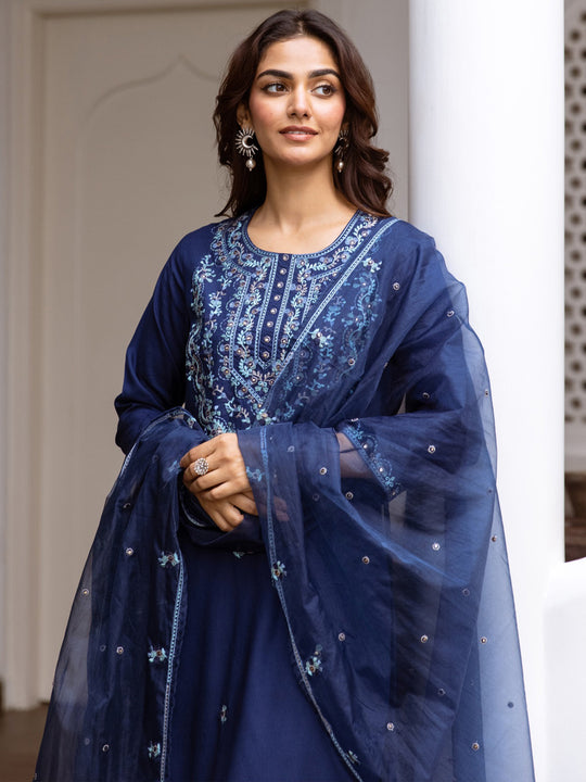 Indo Era Blue Embroidered Straight Kurta Trousers With Dupatta Set