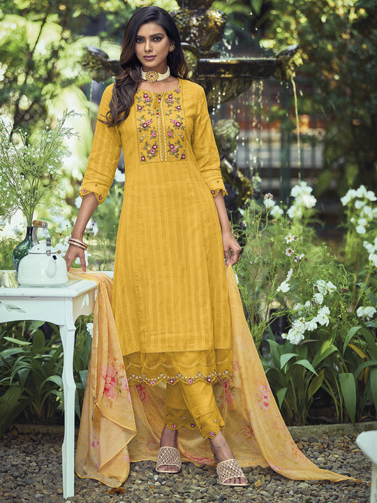 Indo Era Yellow Yoke Design Thread Work Pure Cotton Kurta With Trousers & Dupatta
