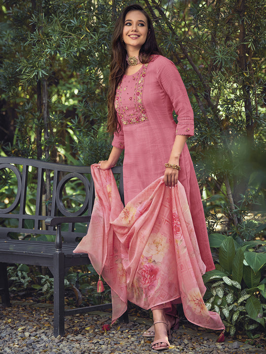 Indo Era Pink Floral Embroidered Regular Pure Cotton Kurta With Trousers & Dupatta