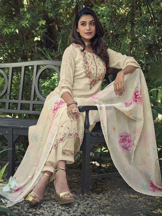 Indo Era Off-White Yoke Design Thread Work Pure Cotton Kurta With Trousers & Dupatta