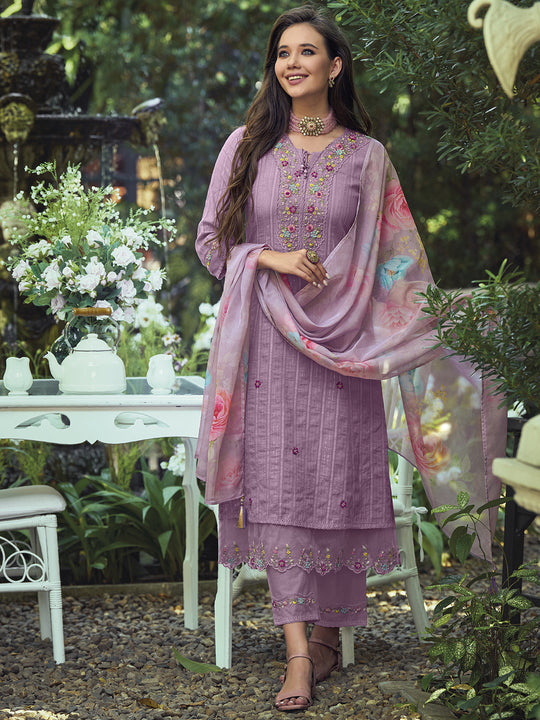 Lavender Floral Embroidered Pure Cotton Kurta With Trousers & Dupatta
