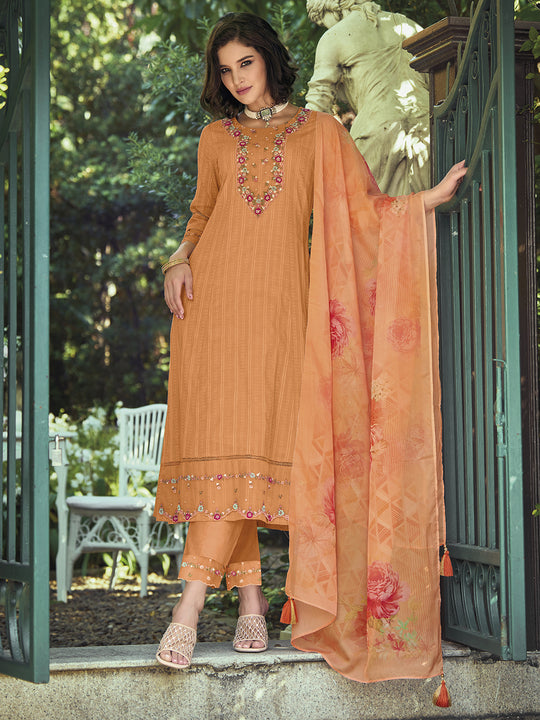 Indo Era Orange Floral Embroidered Pure Cotton Kurta With Trousers & Dupatta