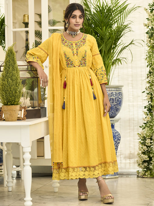 Indo Era Floral Embroidered Round Neck Tie-Ups Detail Cotton Maxi Dress