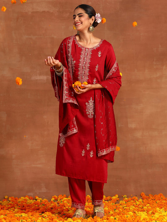 Indo Era Maroon Embroidered Ethnic Straight Kurta Trousers With Dupatta Set