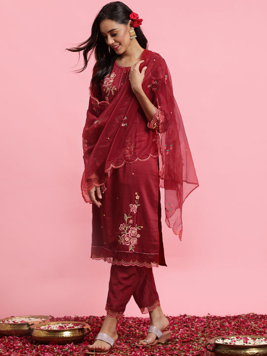 Indo Era Maroon Embroidered Straight Kurta Trousers With Dupatta Set