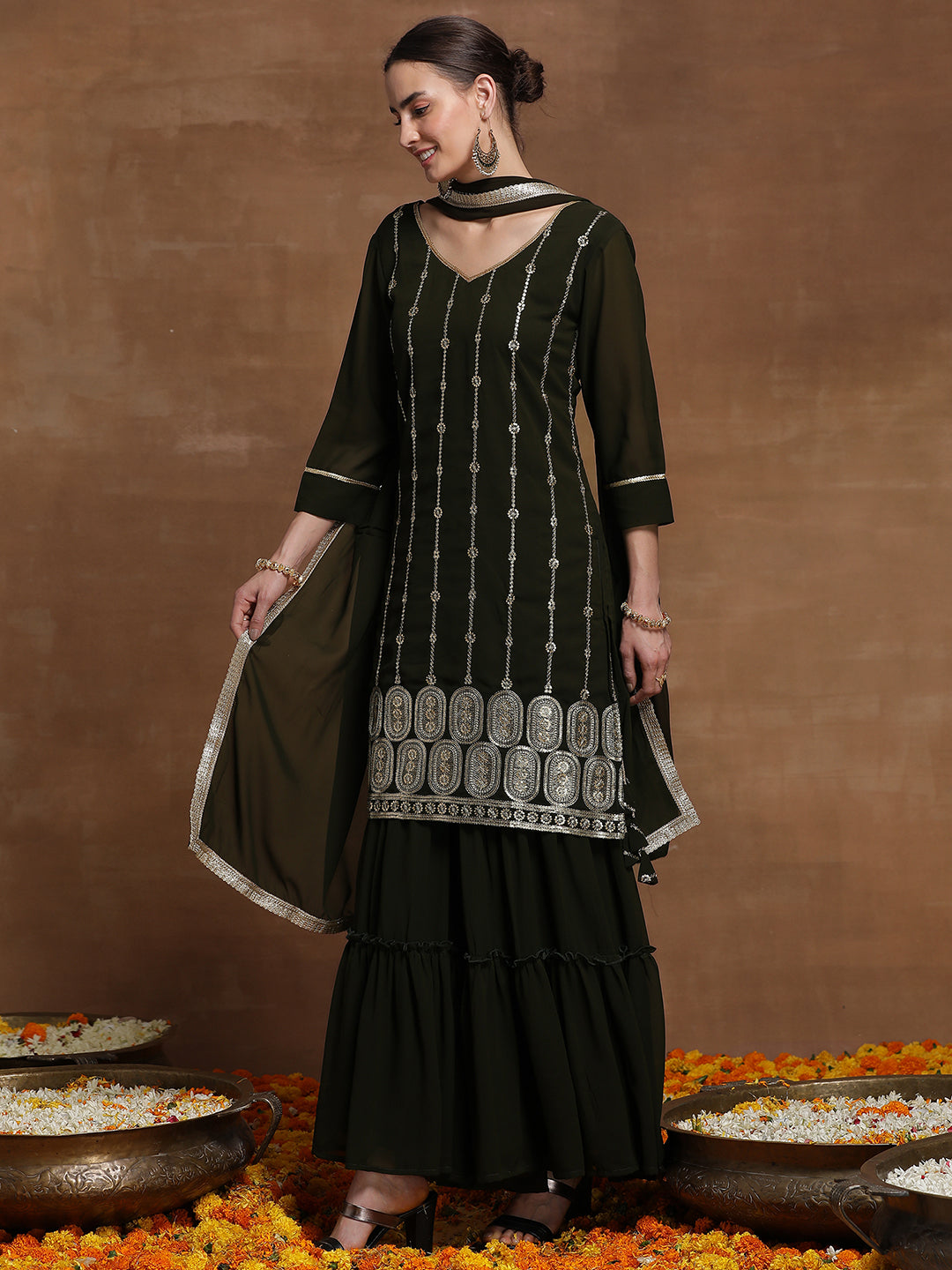 Women Green Embroidered Straight Kurta Salwar With Dupatta set