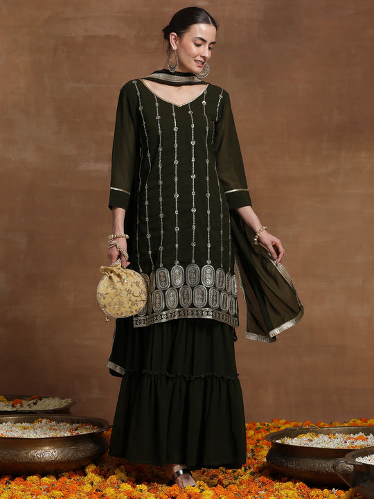 Indo Era Green Embroidered Regular Sequinned Kurta with Sharara & With Dupatta