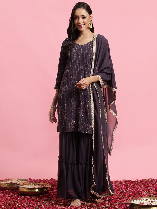 Indo Era Purple Embroidered Straight Kurta Sharara With Dupatta Set