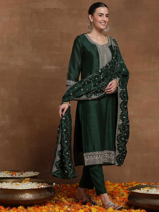 Indo Era Green Embroidered Straight Kurta Trousers With Dupatta Set