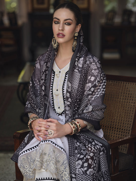 Indo Era Cream Embroidered Straight Kurta Trousers With Dupatta Set