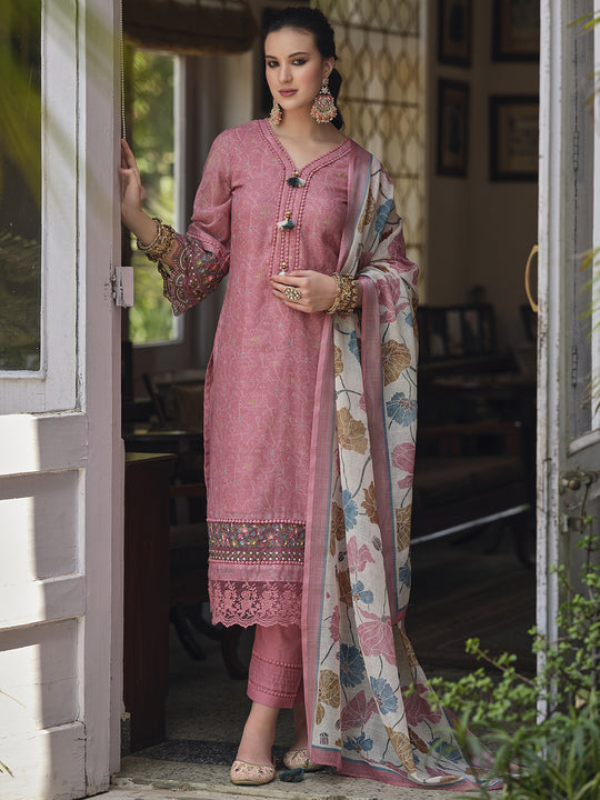 Indo Era Peach Floral Embroidered Regular Thread Work Linen Kurta with Trousers & Dupatta