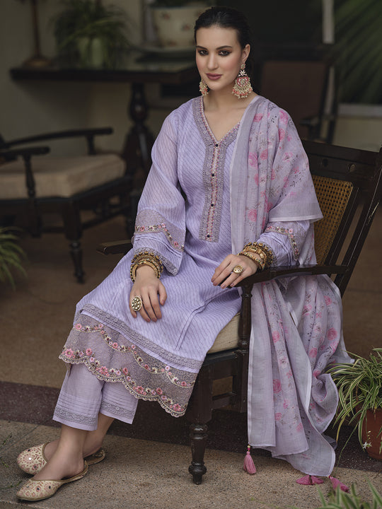 Indo Era Lavender Floral Embroidered Regular Thread Work Linen Kurta with Trousers & Dupatta