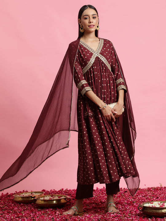 Indo Era Maroon Bandhani Printed Empire Sequinned Kurta with Trousers & Dupatta