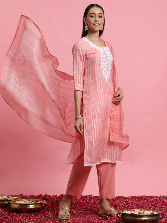 Indo Era Peach Embroidered Straight Kurta Trousers With Dupatta Set