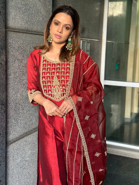 Indo Era Maroon Embroidered Straight Kurta Trousers With Dupatta Set