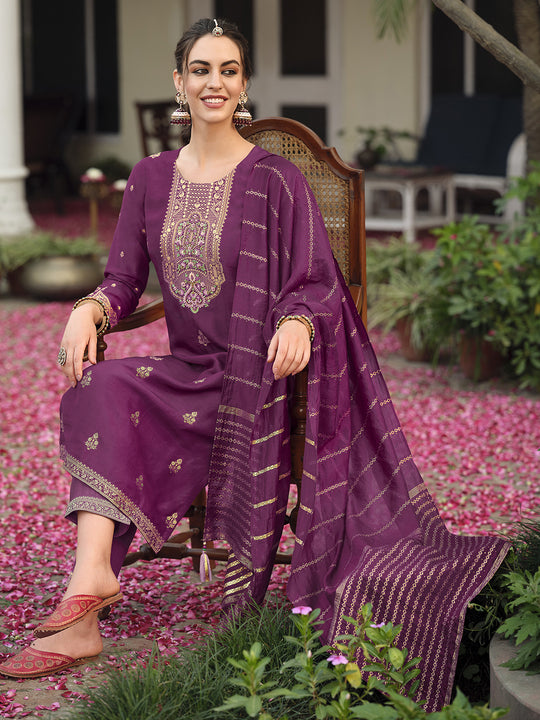Indo Era Burgundy Embroidered Straight Kurta Trousers With Dupatta Set