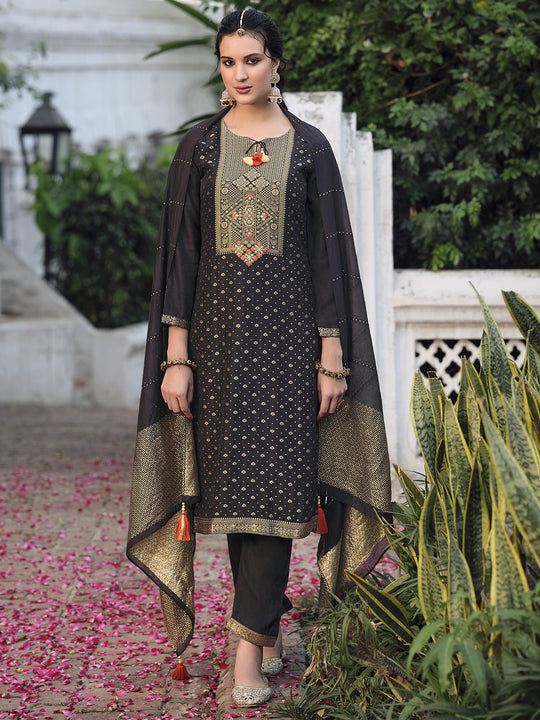 Indo Era Black Embroidered Straight Kurta Trousers With Dupatta Set
