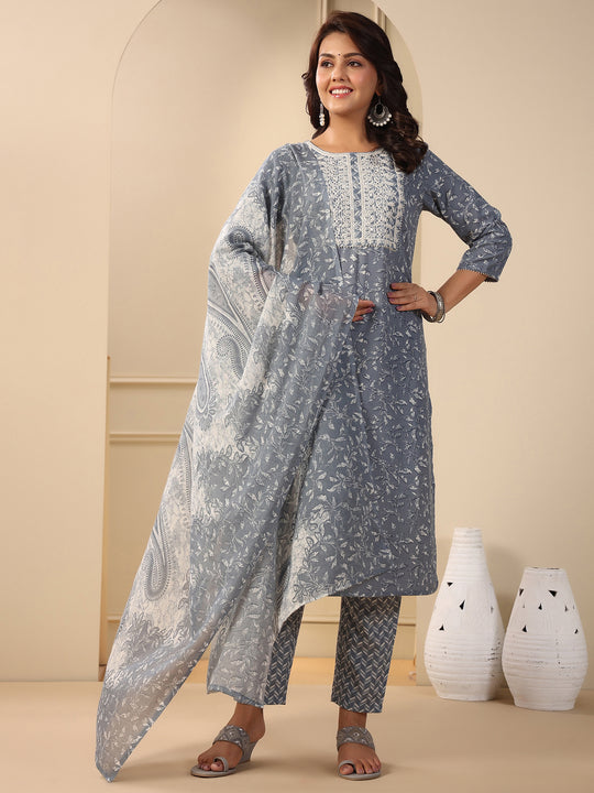 Indo Era Grey Embroidered Straight Kurta Trousers With Dupatta Set