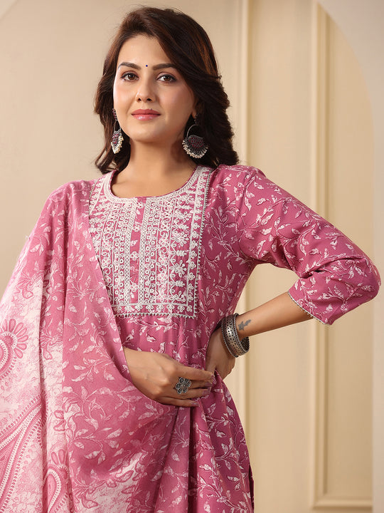 Indo Era Lavender Embroidered Straight Kurta Trousers With Dupatta Set