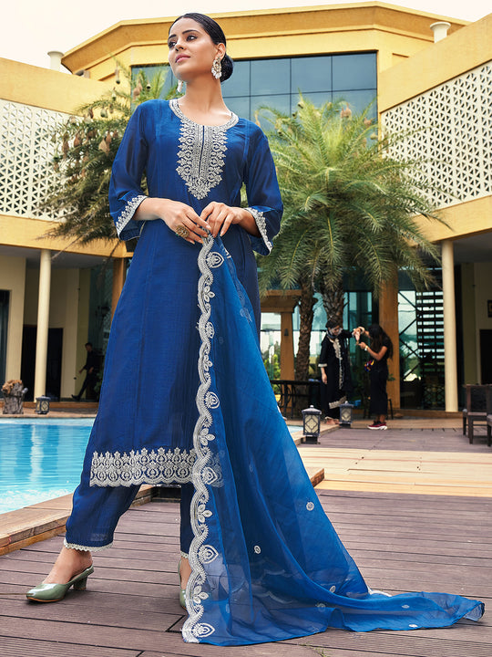 Indo Era Teal Embroidered Straight Kurta Trousers With Dupatta Set