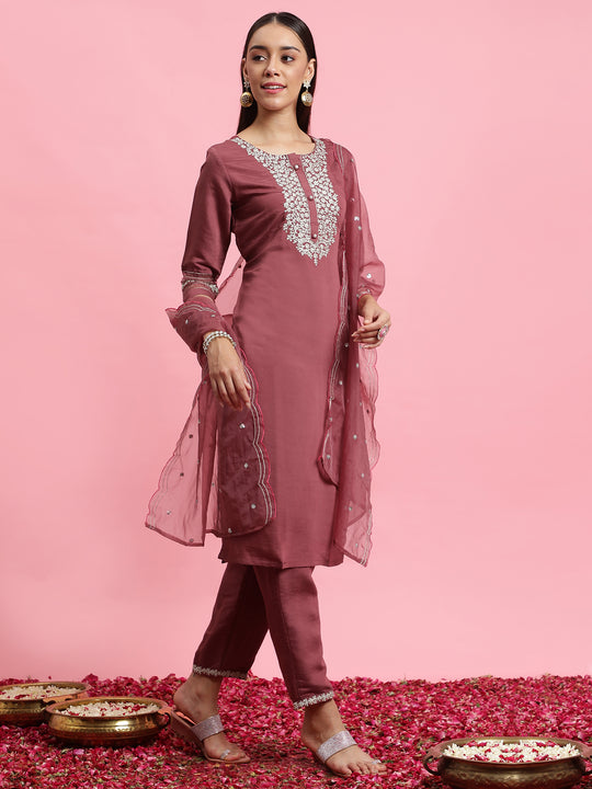 Indo Era Mauve Embroidered Straight Kurta Trousers With Dupatta Set
