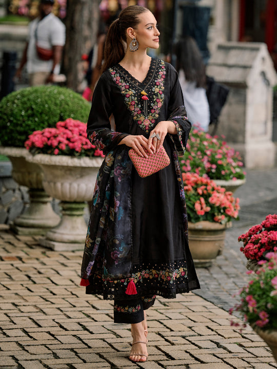 Indo Era Black Embroidered A-Line Kurta Trousers With Dupatta Set