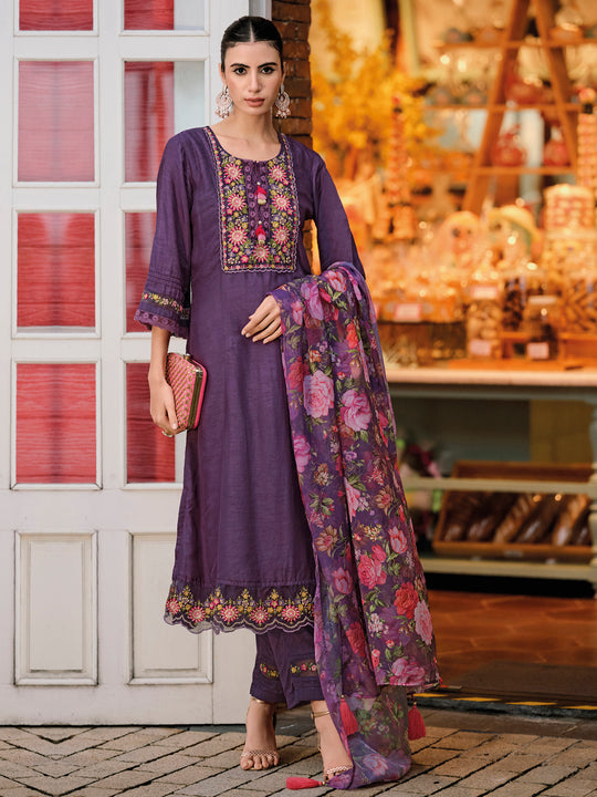 Indo Era Purple Embroidered A-Line Kurta Trousers With Dupatta Set