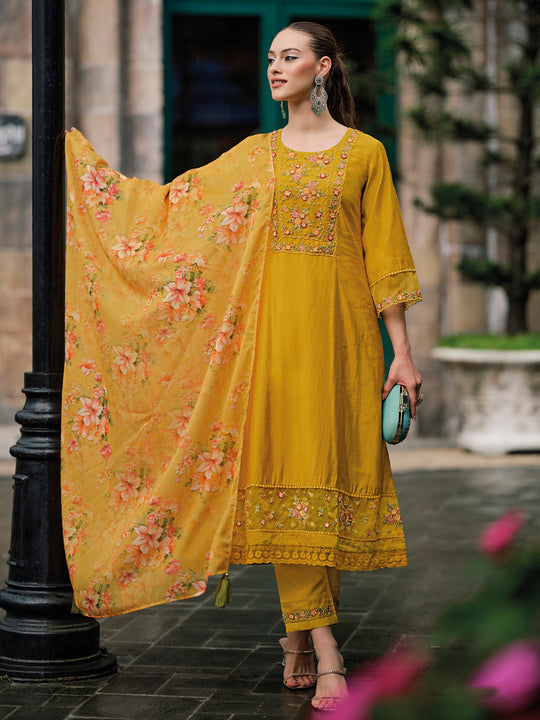 Indo Era Yellow Embroidered A-Line Kurta Trousers With Dupatta Set