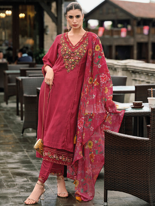 Indo Era Red Embroidered A-Line Kurta Trousers With Dupatta Set