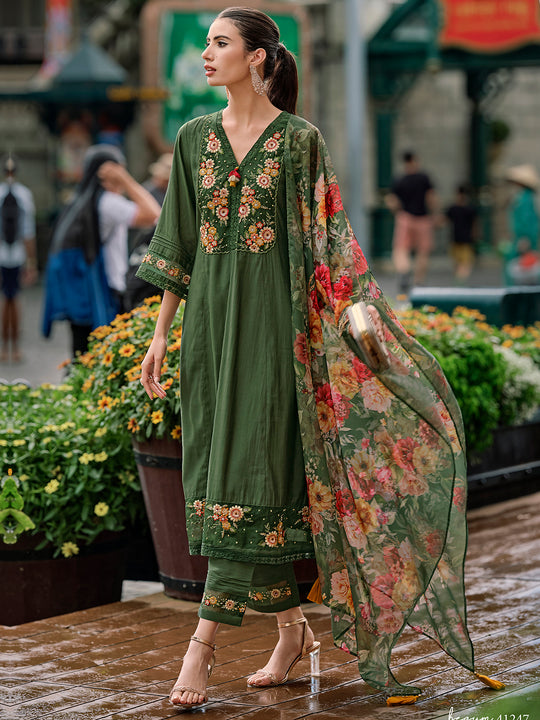 Indo Era Green, peach & red yoke design Kurta with Trousers with dupatta