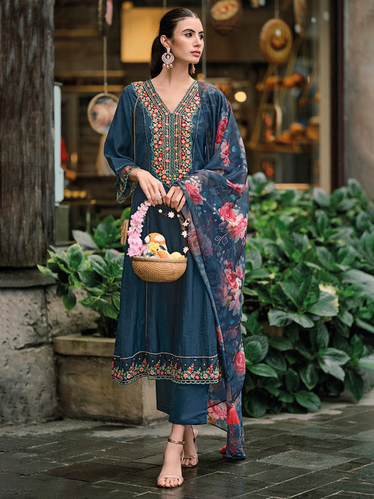 Indo Era Blue Embroidered A-Line Kurta Trousers With Dupatta Set