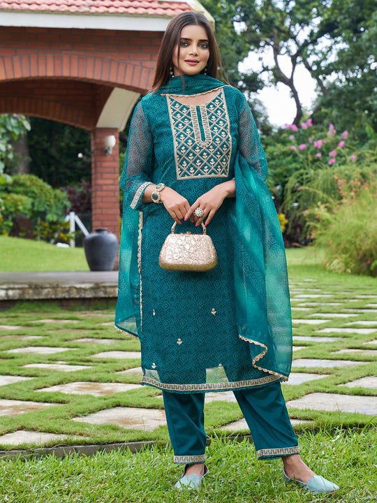 Indo Era Blue Embroidered Straight Kurta Trousers With Dupatta Set