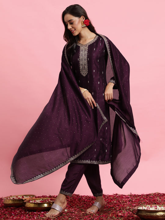 Indo Era Purple Embroidered Straight Kurta Trousers With Dupatta Set