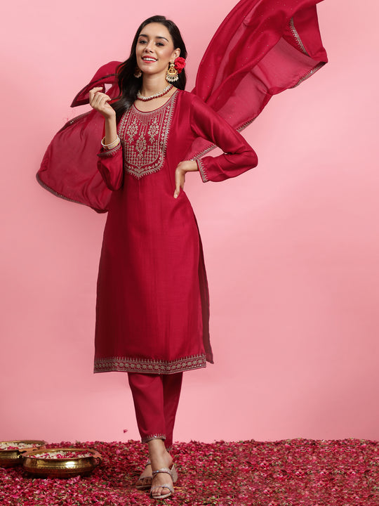 Indo Era Red Embroidered Straight Kurta Trousers With Dupatta Set