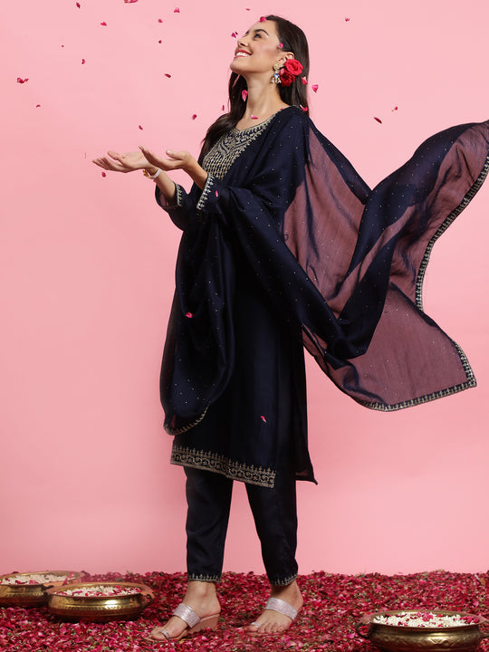 Indo Era Navy Blue Embroidered Straight Kurta Trousers With Dupatta Set