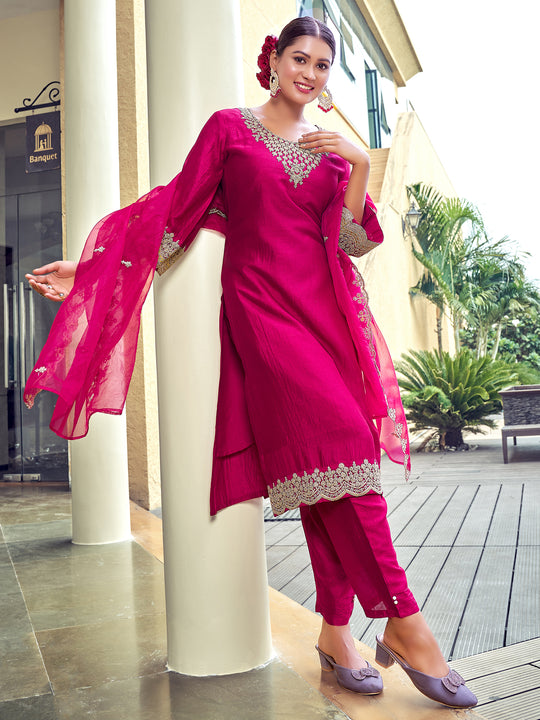 Indo Era Red Embroidered Straight Kurta Trousers With Dupatta Set