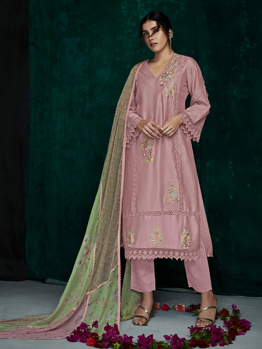 Indo Era Mauve Embroidered Straight Kurta Trousers With Dupatta Set
