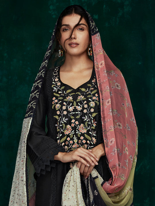 Indo Era Black Embroidered Straight Kurta Trousers With Dupatta Set