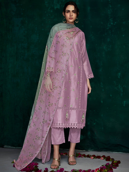 Indo Era Purple Embroidered Straight Kurta Trousers With Dupatta Set